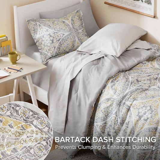 Bed in A Bag Comforter Set - Trendy Casual Design Twin XL Comforter with Complete Sheet Set with Side Pocket, All Season Comforter, Shams, Gloria, Twin XL Grey/Yellow 6 Piece