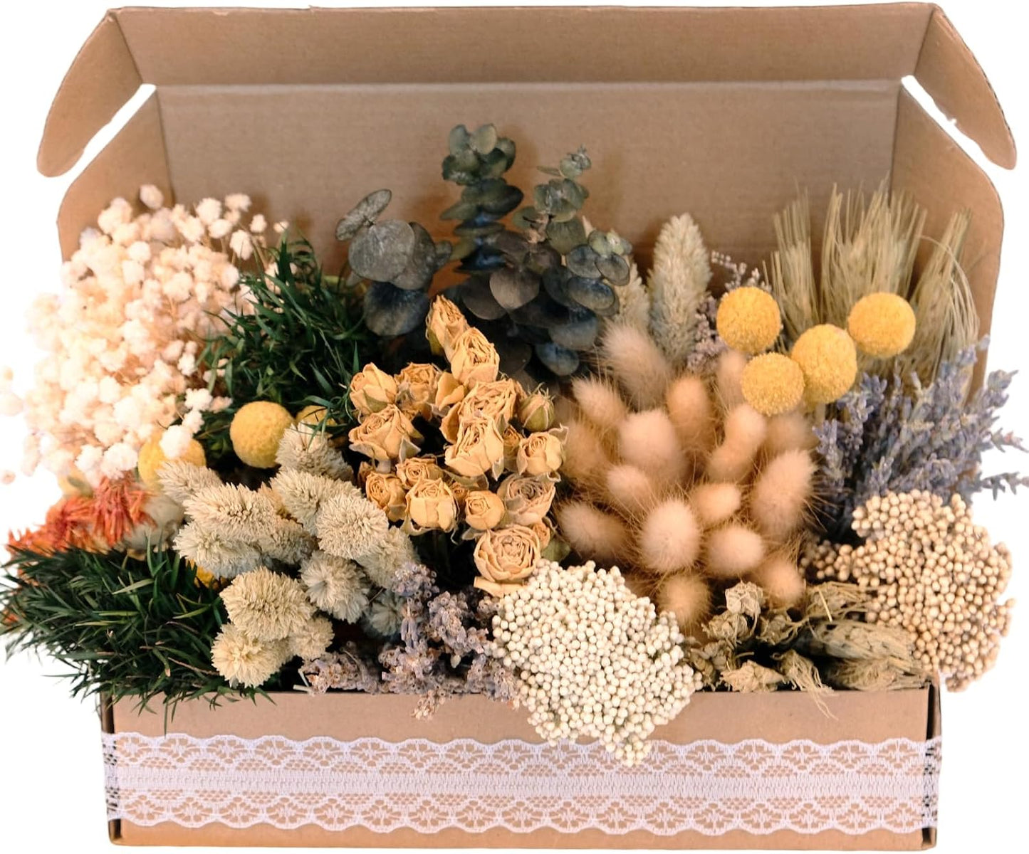 130Pcs DIY Mixed Natural Dried Flower Set, Preserved Flowers Bulk with Baby's Breath, Dried Roses, Eucalyptus Stems, Mini Handmade Flower Arrangement, Dried Flower for Home Decor