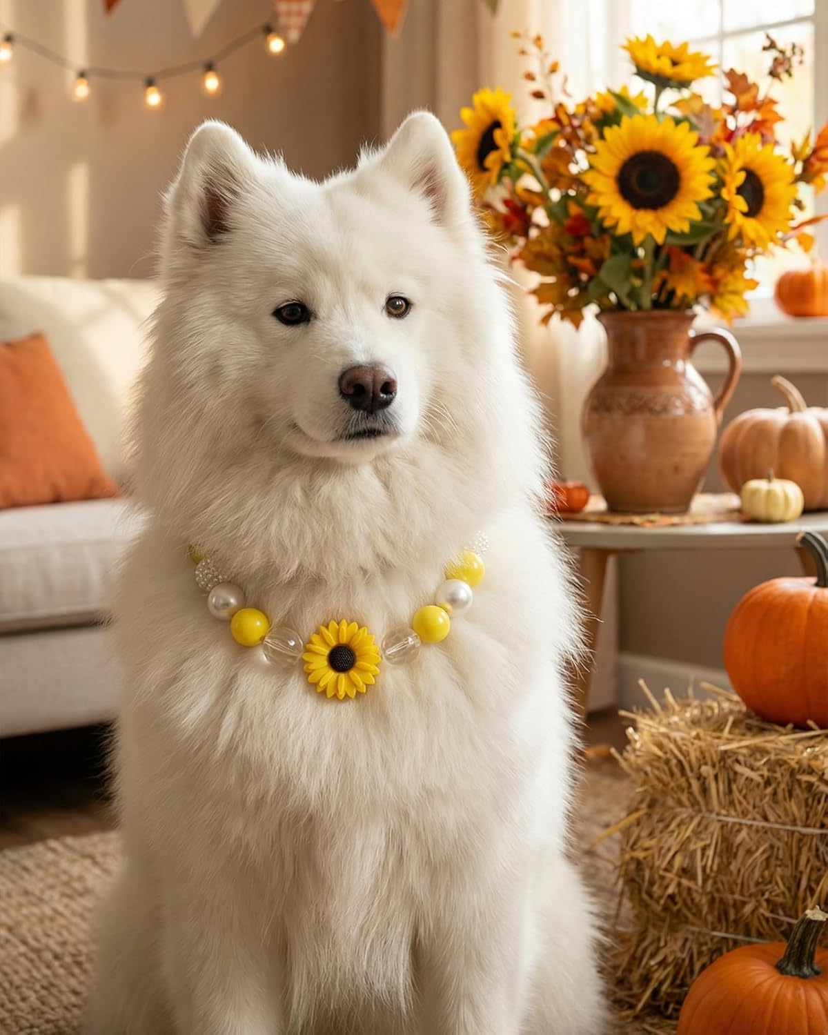 Yellow Daisy Handmade Chunky Pearl Dog Collar Necklace (Beads 20 mm) with Strong Stainless Steel Wire, Adjustable Fashion Collar Accessories for Dogs | Gift for Dog Moms (17.5" – 19.5", Daisy)