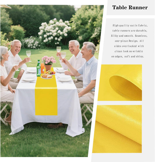 10 Pack Satin Table Runner 12 x 108 Inch Long Yellow Smooth Silk Fabric Table Runner for Birthday Parties Wedding Banquets Decorations.