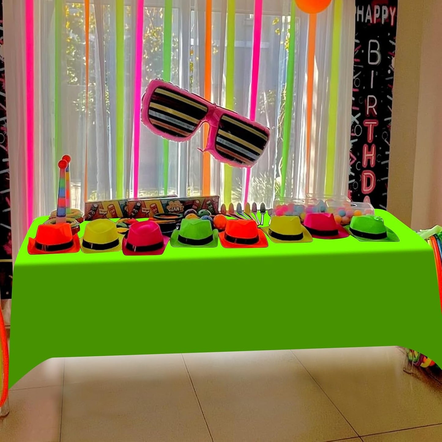 6 Pack Neon Table Cloths Party Decorations, Pink Orange Yellow Green Blue Purple Glow in The Dark Plastic Tablecloth, Disposable Rainbow Table Cover for Glow in Dark Neon Party Supplies Decorations