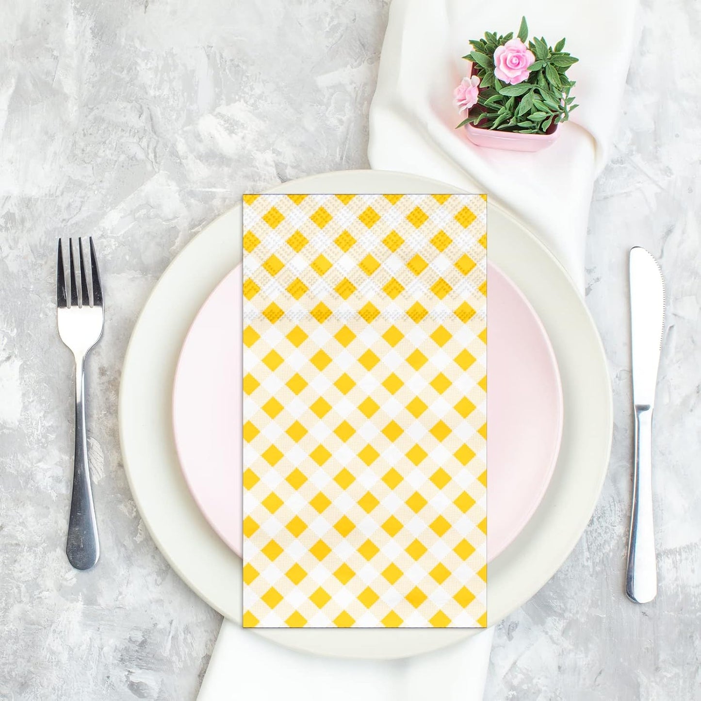 Yellow Gingham Napkins, Yellow and White Checkered Guest Towel Plaid Party Napkins Disposable Paper Hand Towels for Luncheon, Dinner, Picnic, Birthday, Easter, Graduation Party, 3-Ply, 50 Pcs