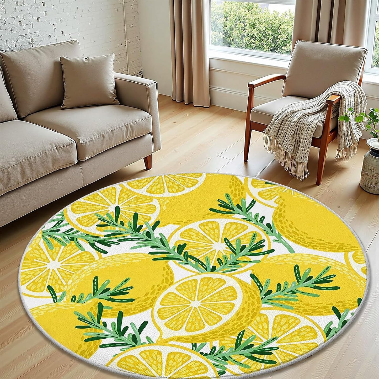 Lemon Rosemary Round Rug 2ft Summer Fruit Circle Area Rug Non-Slip Washable Round Carpet, Yellow Circle Rugs for Bedroom Living Room Kitchen Study Playing