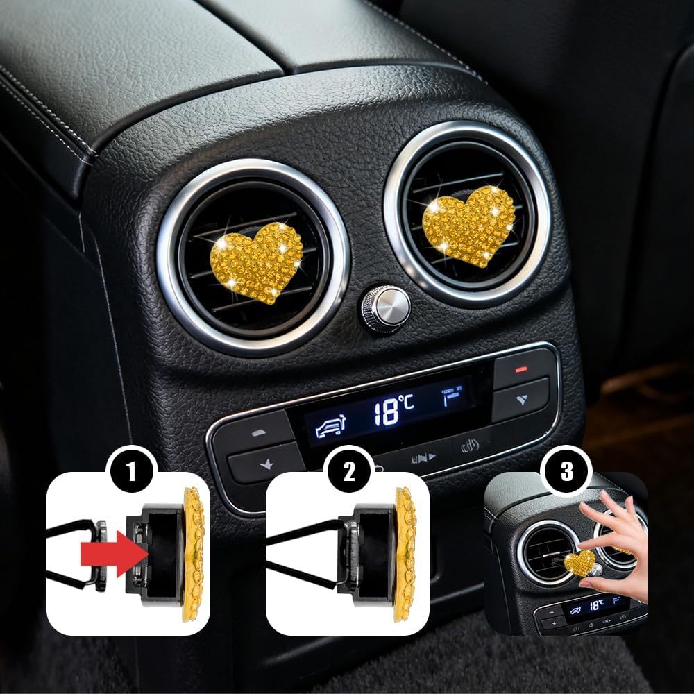 4PCS Heart-Shaped Car Vent Clip with Rhinestone, Vent Clip Car Accessories, Sparkly Rhinestone Bling Diamond Freshener Holder, Air Conditioning Outlet Ornament for Women Girls (Yellow, Style1)