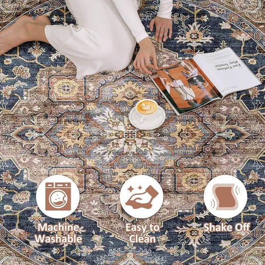 Round Rug Living Room Rugs: 8x8 Washable Boho Neutral Large Circle Soft Indoor Floral Stain Resistant Floor Farmhouse Carpet for Bedroom Nursery Kids Playroom Office Dining Room Dorm- Yellow Blue