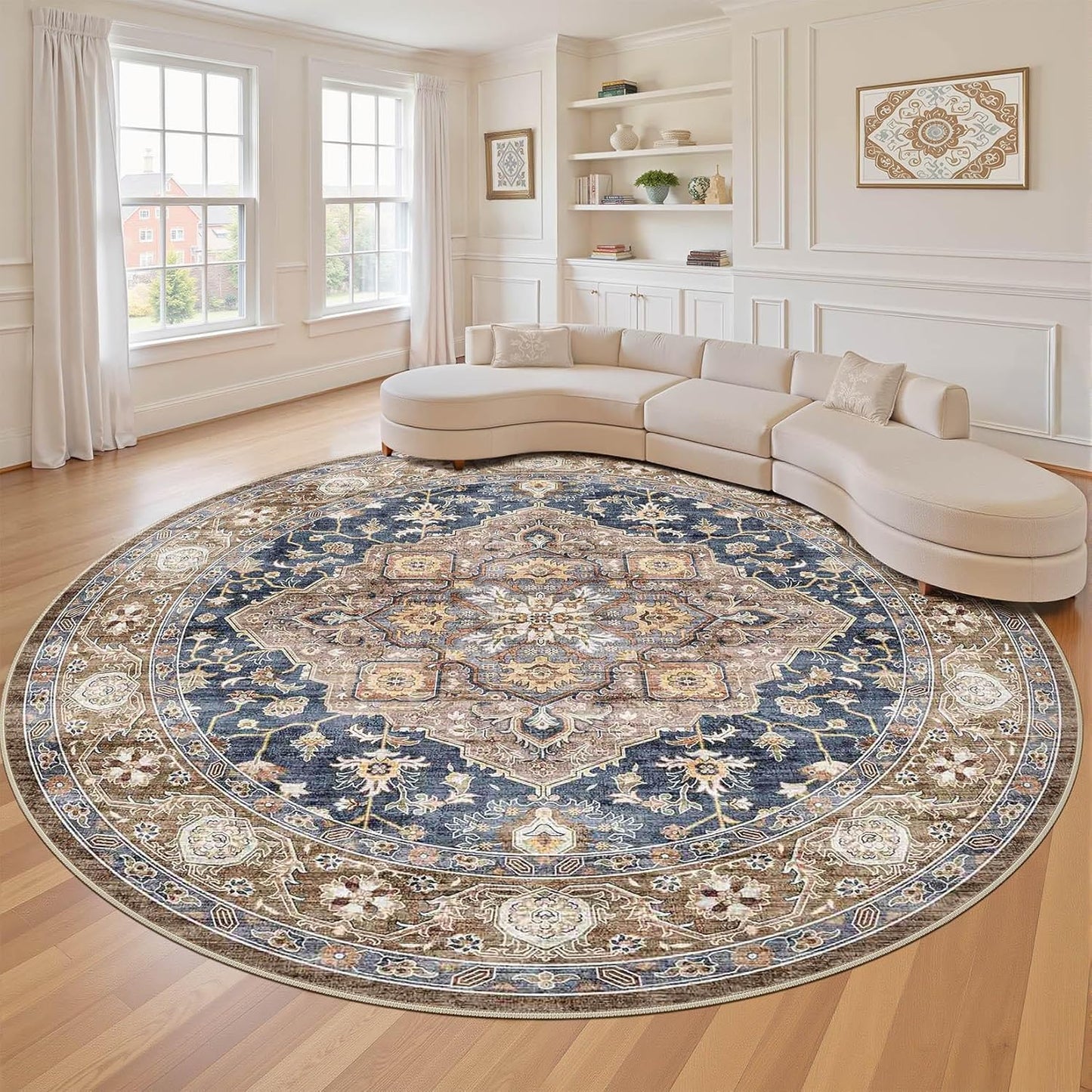 Round Rug Living Room Rugs: 8x8 Washable Boho Neutral Large Circle Soft Indoor Floral Stain Resistant Floor Farmhouse Carpet for Bedroom Nursery Kids Playroom Office Dining Room Dorm- Yellow Blue
