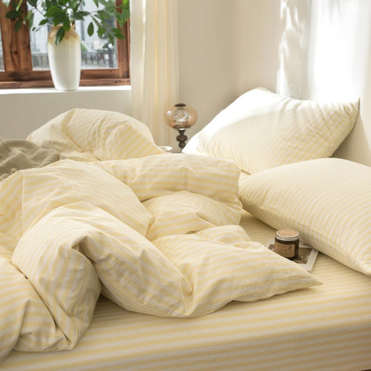 Striped Duvet Cover Set 100% Washed Cotton Linen Feel Super Soft Breathable Cozy 3 Pieces Bedding Sets Pastel Yellow Classic Stripes Queen