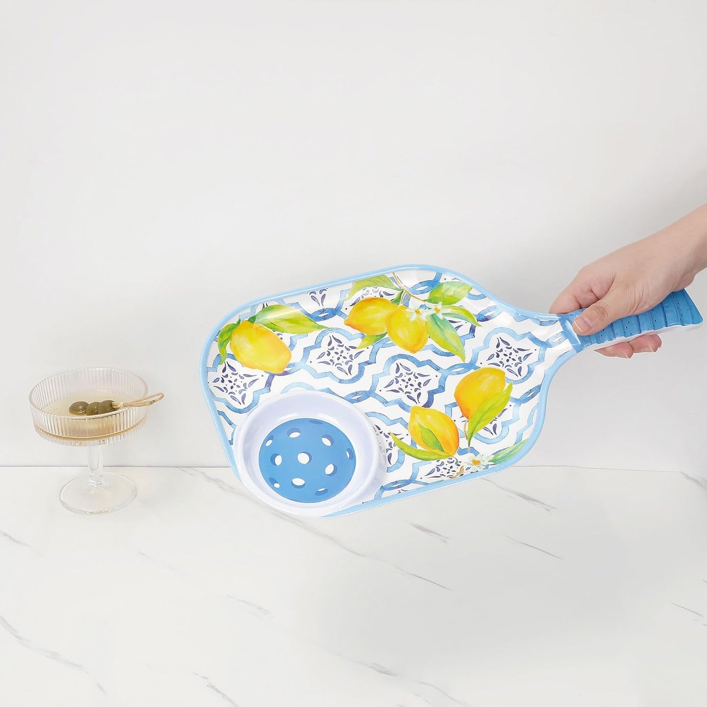 Lovely Lemon Melamine Chip and Dip Snack Tray, Citrus Garden Pickleball Paddle Shape Platter for Chips, Salsa, Fruits, and Appetizers, 15.75 x 8 Inch