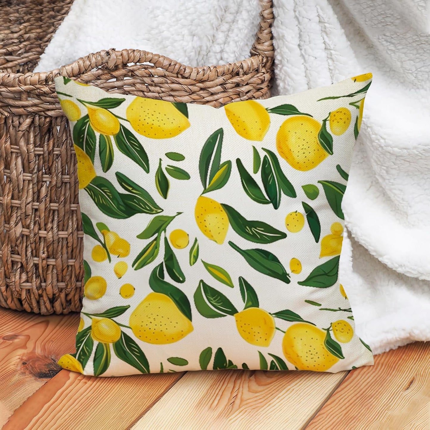 Lemon Throw Pillow Cover 18x18 Inch Summer Decorative Pillow Case, Yellow Lemons Green Leaves Farmhouse Cushion Cover for Couch Sofa Bedroom Patio Outdoor Living Room Seasonal Home Decor, Single Cover