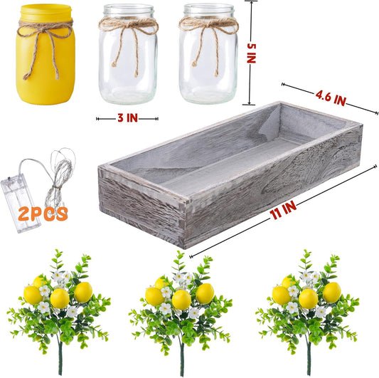 Summer Lemon Mason Jar Centerpiece Set of 3 with Wood Tray | Farmhouse Centerpiece for Dining Table, Coffee Table, Kitchen, Living Room, Spring & Summerween Home Decorations