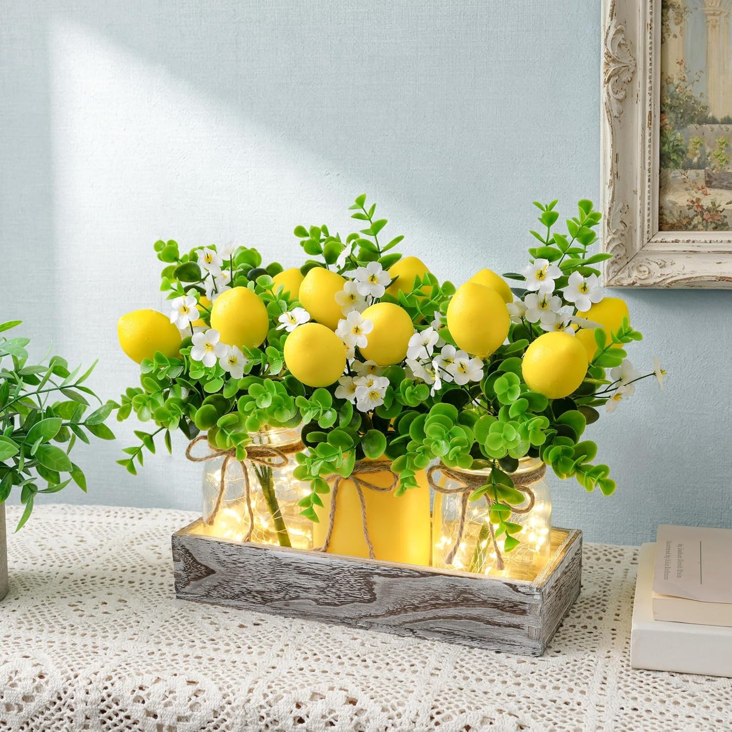 Summer Lemon Mason Jar Centerpiece Set of 3 with Wood Tray | Farmhouse Centerpiece for Dining Table, Coffee Table, Kitchen, Living Room, Spring & Summerween Home Decorations