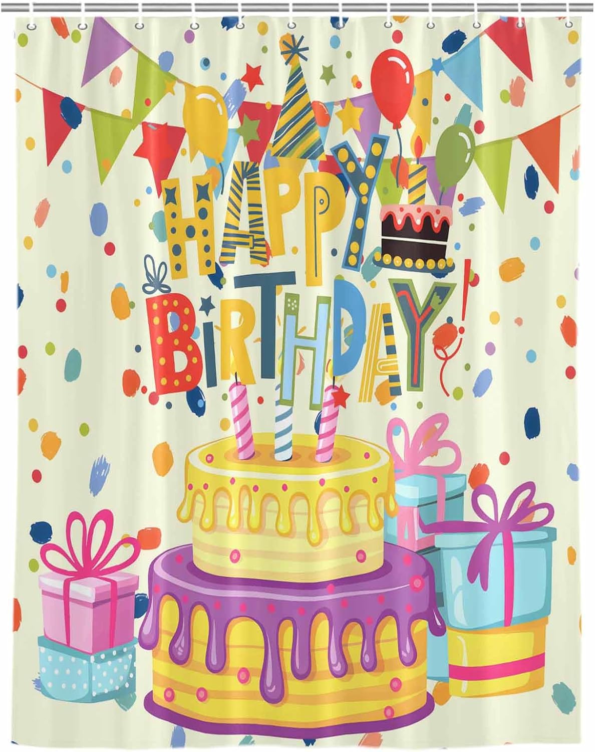 Shower Curtains Sets for Bathroom Decor Happy Birthday Text Waterproof Bathroom Curtain with Hooks, Cartoon Cake Ribbon Dots Quick Dry Bathtub Curtain 36x72in