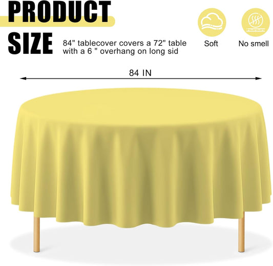 20 Pack Disposable Plastic Tablecloth Round, 84 Inch Premium Plastic Table Cover for Parties, Picnic, Camping, Birthday, Weeding (Light Yellow, 84" Round)