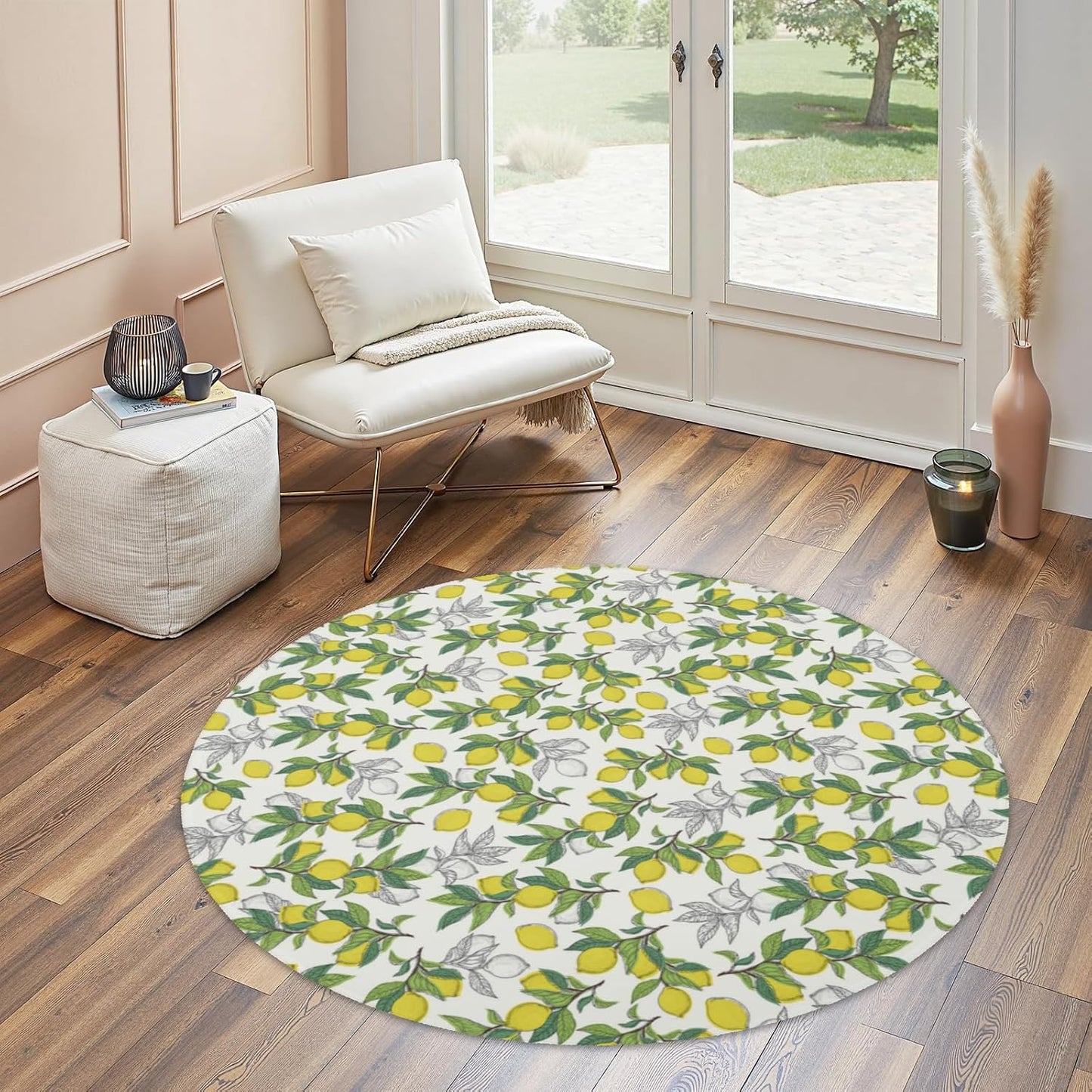 Lemon Round Rugs 4ft Summer Area Rug Green Yellow Low Pile Washable Rug Non Slip Rubber Backing Circle Carpet Doormat for Living Room Bedroom Entryway