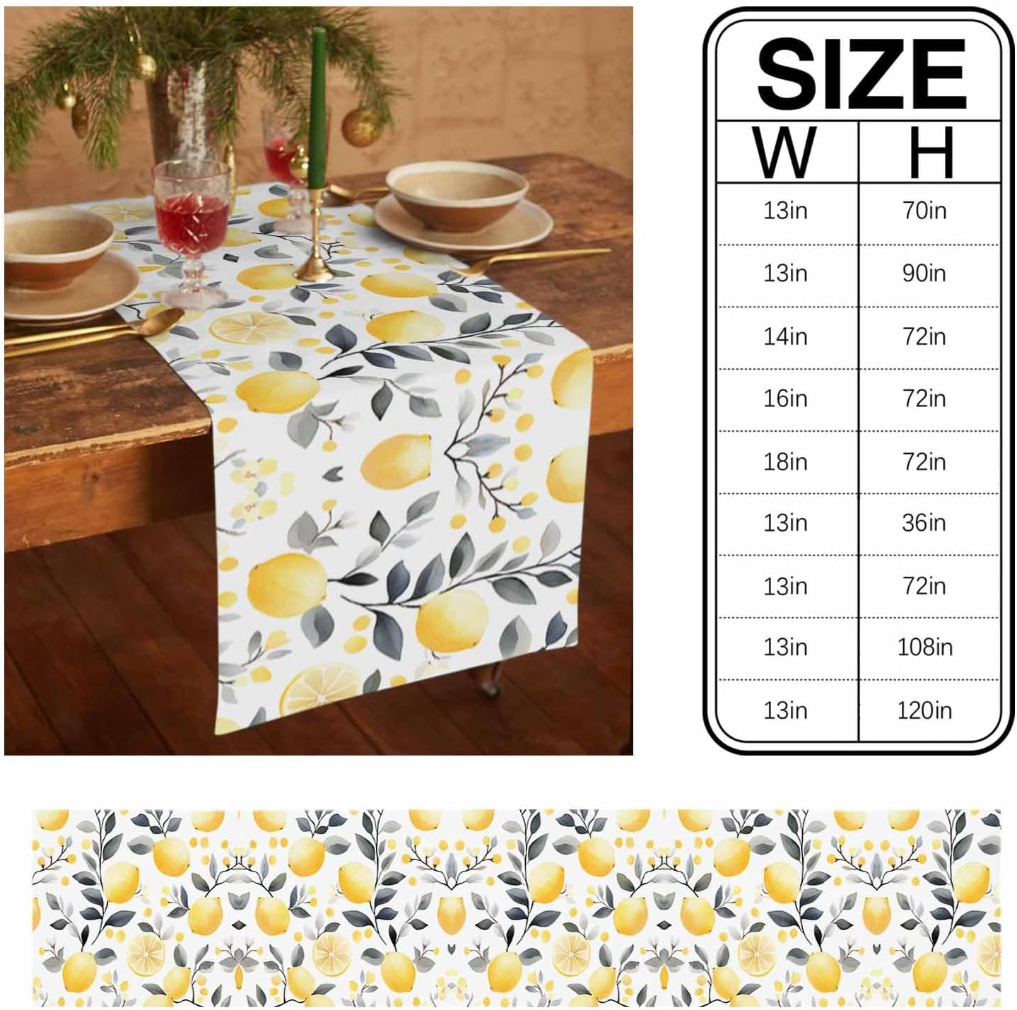Summe Lemon Table Runner Gray Leaf Cotton Linen Table Runners 72 Inches Long, Decorative Dresser Scarf for Kitchen Dining Table, Spring Table Decorations for Home,Parties,and Outdoor Events