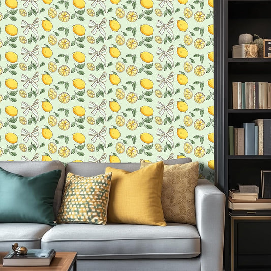 Lemon Wallpaper 15.7"x39.4" Peel and Stick Vinyl Contact Paper Self Adhesive Removable Citrus Fruit Green Leaf Bow Summer Wall Mural for Kitchen Bedroom Living Room Home Decor