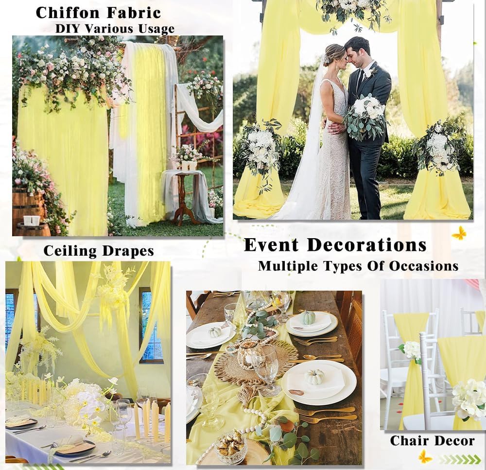 Yellow Chiffon Arch Drapes 20ft, 2 Panels Sheer Voile for Wedding | Soft Chiffon Fabric, Machine Washable, 29" Wide x 20ft Long, for Wedding Arch Backdrop, Banquet, Reception, Party Swag Decor