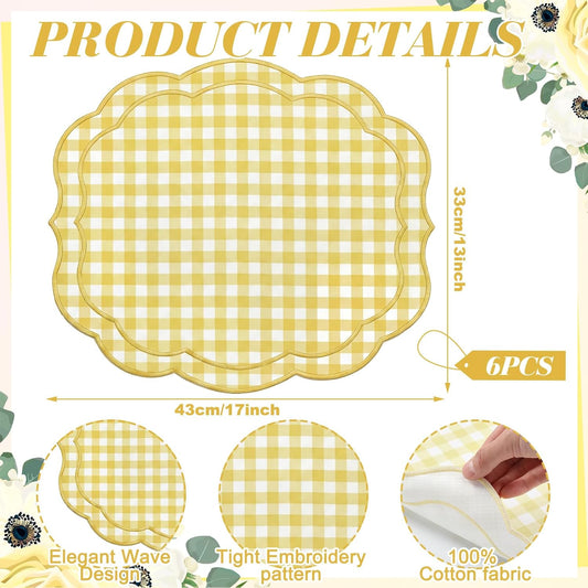 Set of 6 Yellow Gingham Placemats Scalloped Embroidered Cotton Linen Placemats 17" x 13" Double Layered Machine Washable Table Place Mat for Wedding Birthday Baby Shower Party Table Decor