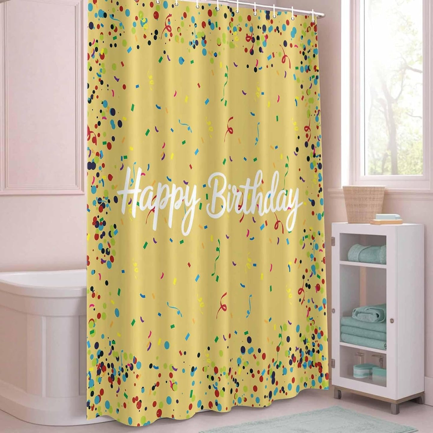Happy Birthday Shower Curtain Polka Dot Ribbon Celebration Yellow Shower Curtain with Hooks for Bathroom Bathtub Decor Waterproof Fabric Bath Curtains Set Small Stall 72" x 72"
