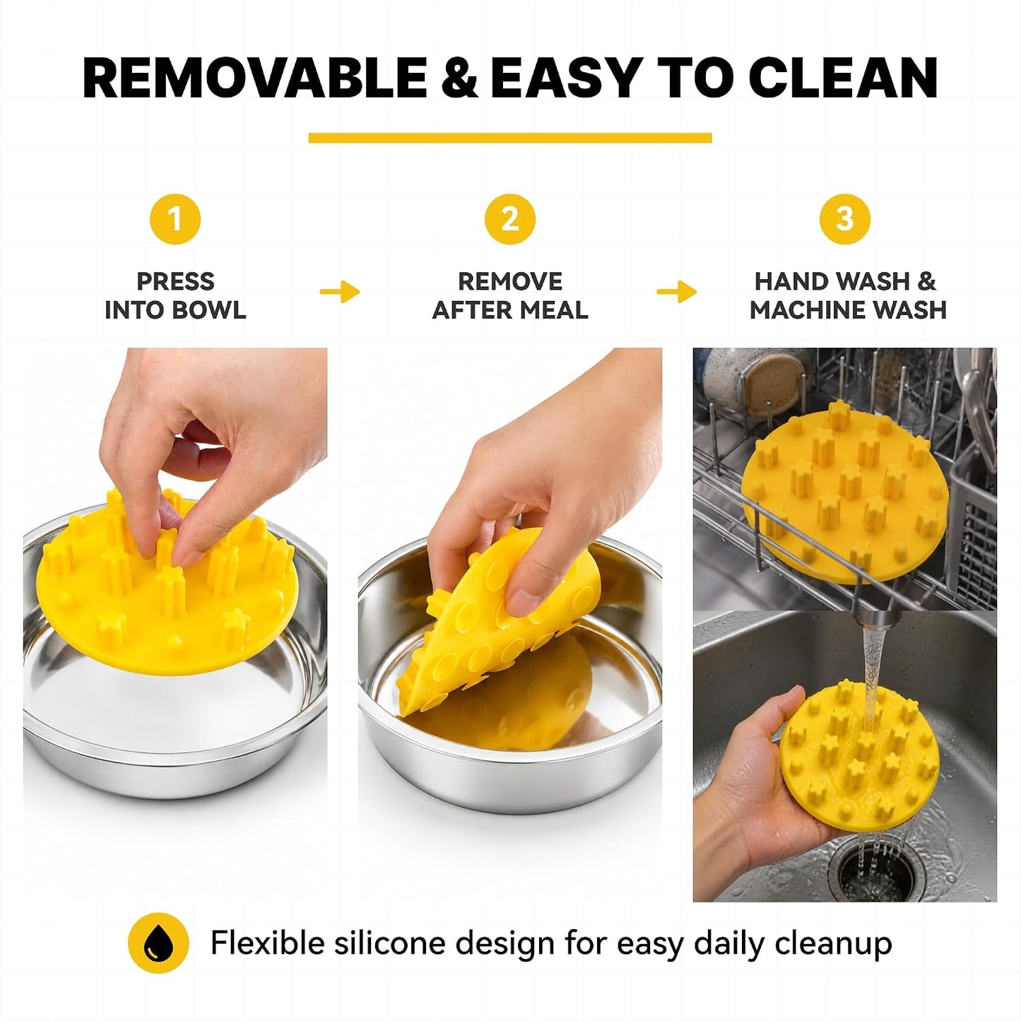 Slow Feeder Insert for Cat and Dog Bowls, Medium 4.8 Inch, Yellow | Soft Silicone with 19 Suction Cups, Removable for Easy Cleaning and Best on Smooth, Flat-Bottom Surfaces