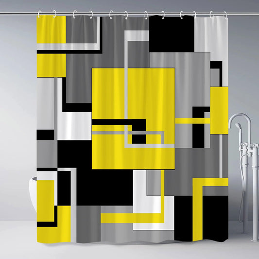 Yellow Shower Curtain Black White Gray Geometric Abstract Mid Century Modern Minimalist Fashion Home Fabric Bathroom Decor Set Include Hooks 47Wx70H Inch