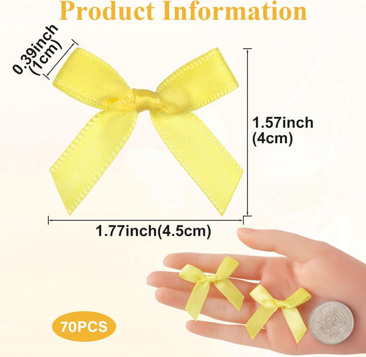 70pcs Mini Ribbon Bows for Craft, Small Satin Ribbon Bow, Soft Bowknot Sewing Accessories for Flowers Bakery Gift Wrapping Christmas Wedding Birthday Party Decoration- Yellow
