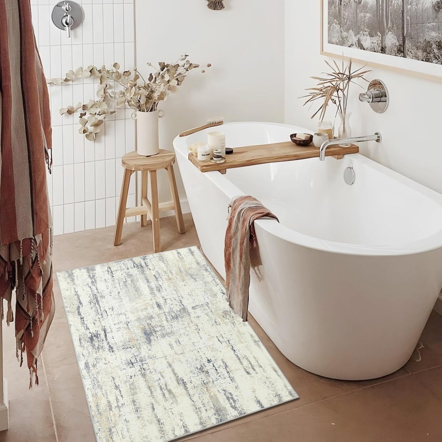 2x3 Washable Rug Small Area Rugs Non Slip Low Pile Modern Abstract | Throw Carpet for Bathroom Entryway Entry Entrance Bedroom Bedside Kitchen Floor Indoor Neutral Grey and Pale Yellow