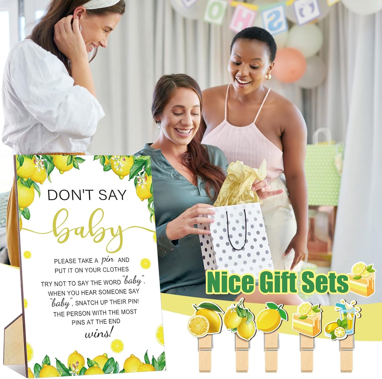 321 Pcs A Little Lemon Is On The Way Shower Game Supplies Include 250 Activity Cards 20 Pencils 1 Don't Say Sign 50 Clothespins for Bingo Game Party Decor