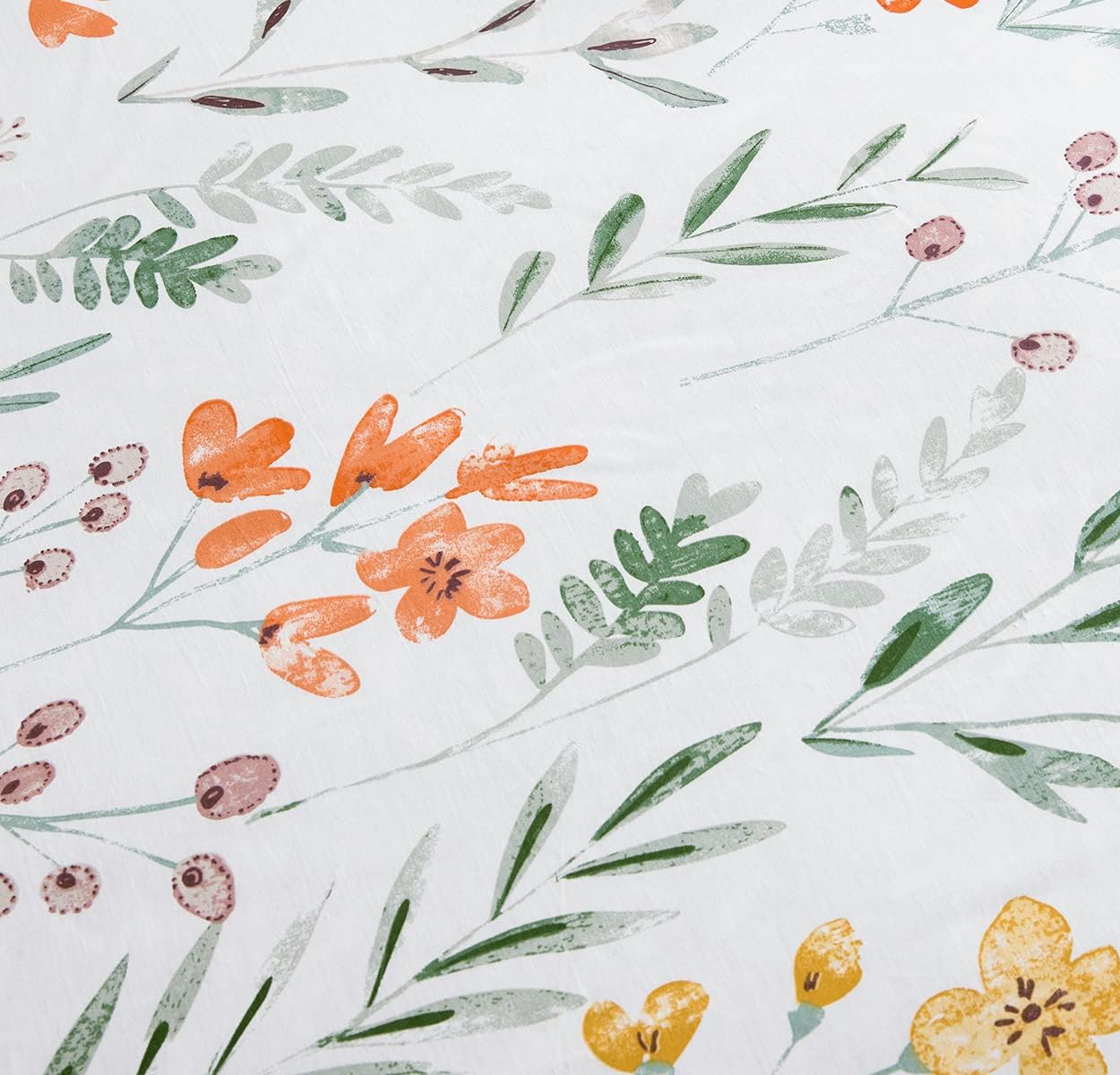 Queen Size Comforter Set Yellow Flowers & Green Botanical Pattern Printed on White 100% Cotton Fabric, Ultra Soft Microfiber Inner Fill 3Pcs Bedding Set