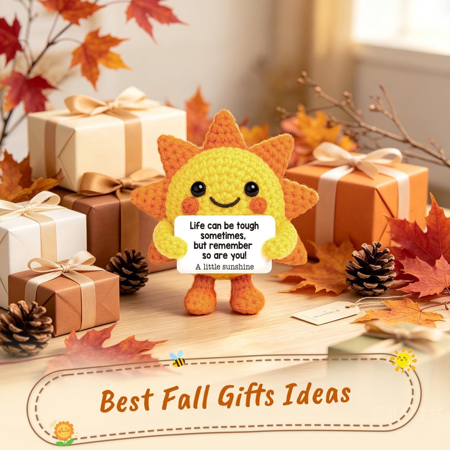 Mini Positive Crochet Sunshine Flowers Inspirational Cheer Up Support Gift | Back to School Self Care Fall Decor for Women Friend Coworkers Stress Relief Gift Mental Health Positive Present for Birthday