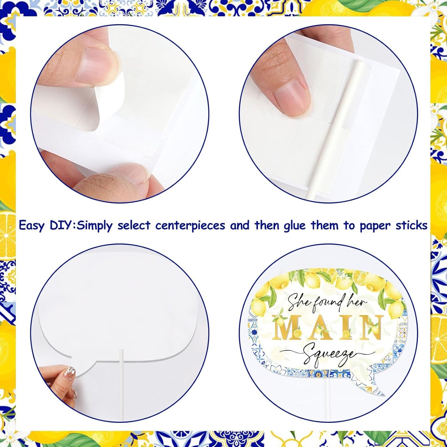 24 Pieces She Found Her Main Squeeze Photo Booth Props - Blue Tile and Lemon Bridal Shower Decorations, Yellow and Blue Capri Lemon Theme Party Supplies