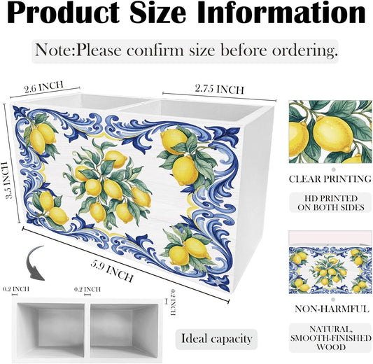 Italian Lemon Pen Holder for Desk, Blue Mediterranean Italian Tiles Lemons Wooden Box Sign Desk Decor for Home Office Decoration, Lemon Themed Gifts Pencil Organizer