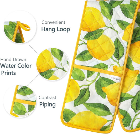 Yellow Double Oven Mitt Lemon Decor Heat Resistant Non-Slip Kitchen Cotton Gloves Extra Long for Kitchen Cooking Baking Barbecue Grilling