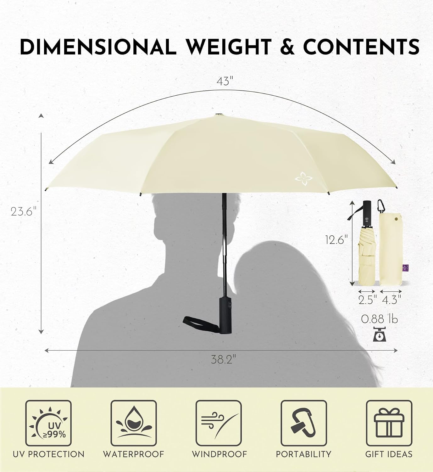 Windproof Travel Umbrella for Rain - 43" Compact Folding Umbrella, Reinforced Strong Frame, Lightweight Portable Parasol with UPF 100+ UV Sun Protection, Cruise Ship Essentials