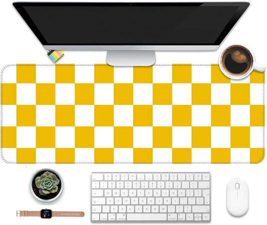 Large Gaming Mouse Pad, Computer Mouse Mat, Funny Desk Pad Protector Decoration, Big Cute Desk Pad, Non-Slip Base 31.5 x 11.8 in Yellow White Cute Plaid