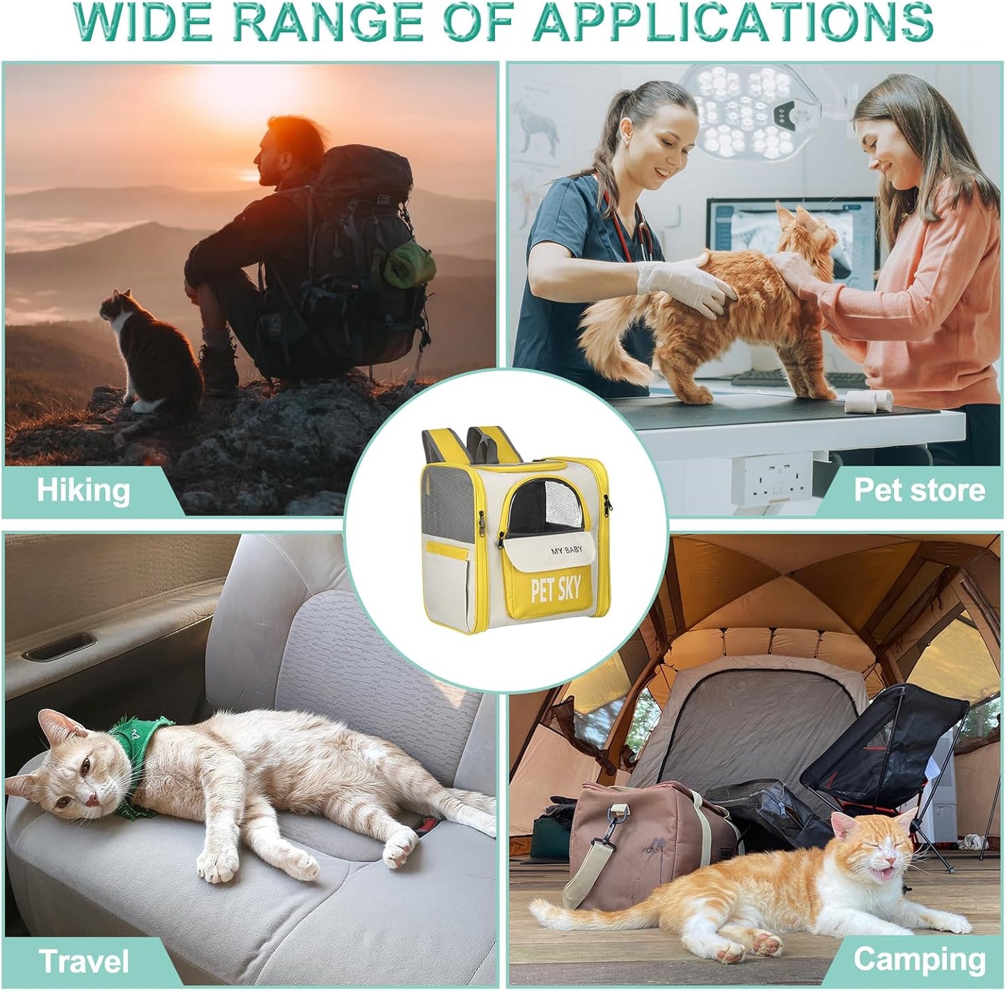 Cat Backpack Carrier, Large Space & Breathable, Pet Hiking Travel Backpack for Cats or Small Dogs Puppies, Intended for Hiking/Camping/Traveling (Yellow, 13"x11"x15")