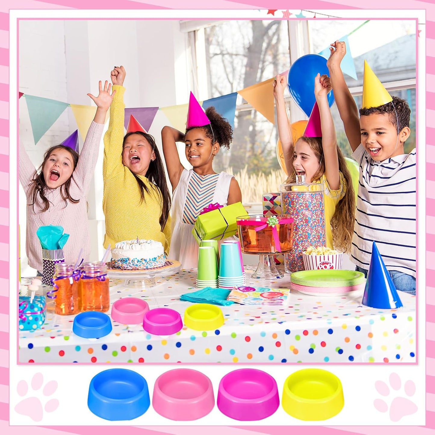 24 Pcs Puppy Bowls Puppy Birthday Party Supplies Pet Plastic Bowls Reusable Cat Food Feeding Water Dish Candy Colour Pet Dish for Dog Birthday Party Favors Blue Rose Red Yellow and Pink