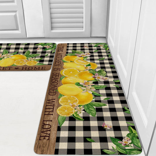 Lemon Kitchen Rugs Set of 2,Home Sweet Home Buffalo Plaid Holiday Kitchen Mats for Floor,Spring Summer Seasonal Non-Slip Washable Sink Mats Kitchen Decor Doormat+Runner Rug
