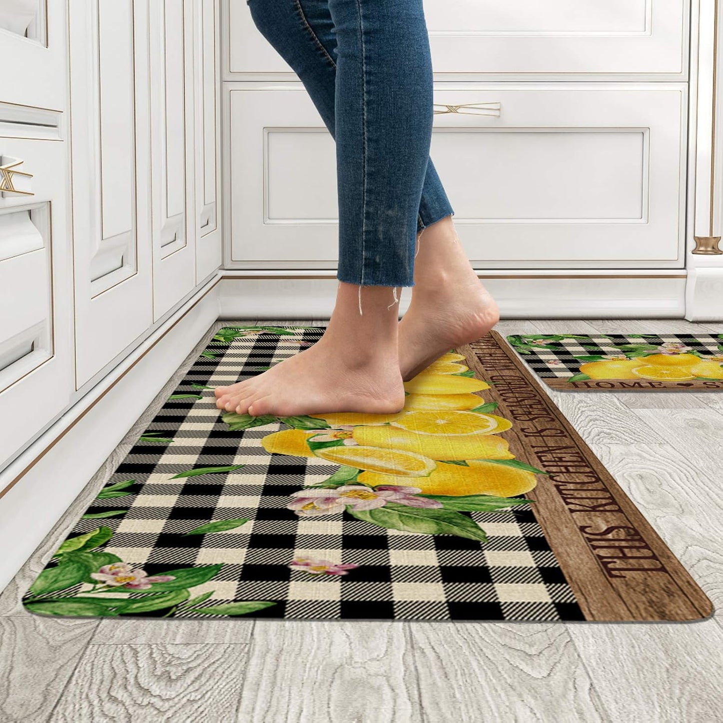Lemon Kitchen Rugs Set of 2,Home Sweet Home Buffalo Plaid Holiday Kitchen Mats for Floor,Spring Summer Seasonal Non-Slip Washable Sink Mats Kitchen Decor Doormat+Runner Rug
