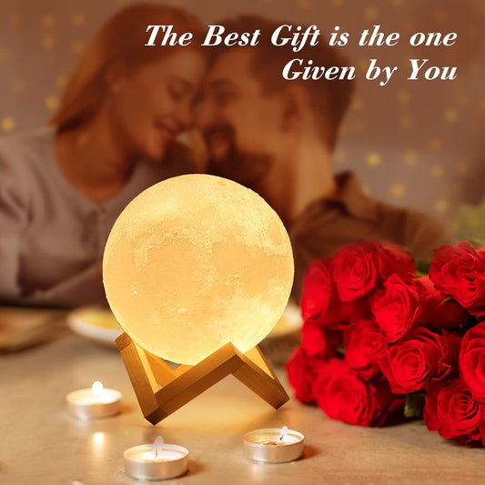 Moon Lamp - 4.7' Gifts for Women, 3D Printed LED Night Light w/Wooden Base, Birthday Gifts for Mom, Wife, Girlfriend, Dual Color Touch-Dimmable Wedding Decor, White & Yellow
