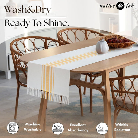 Yellow Stripe Table Runner - 72 Inches Long Table Covers with Tassels - 100% Cotton, Soft, Non Slip Tablerunner for Dining, Kitchen, Dresser, Events - Mustard Yellow and White (14"x72")