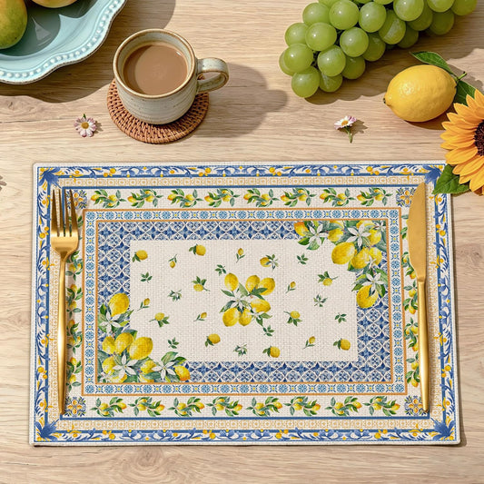 Lemon Place Mats Set of 4 12x18 inch for Dinning Table | Mediterranean Spring Table Decor - Farmhouse Seasonal Table Mats Lemon Party Decorations
