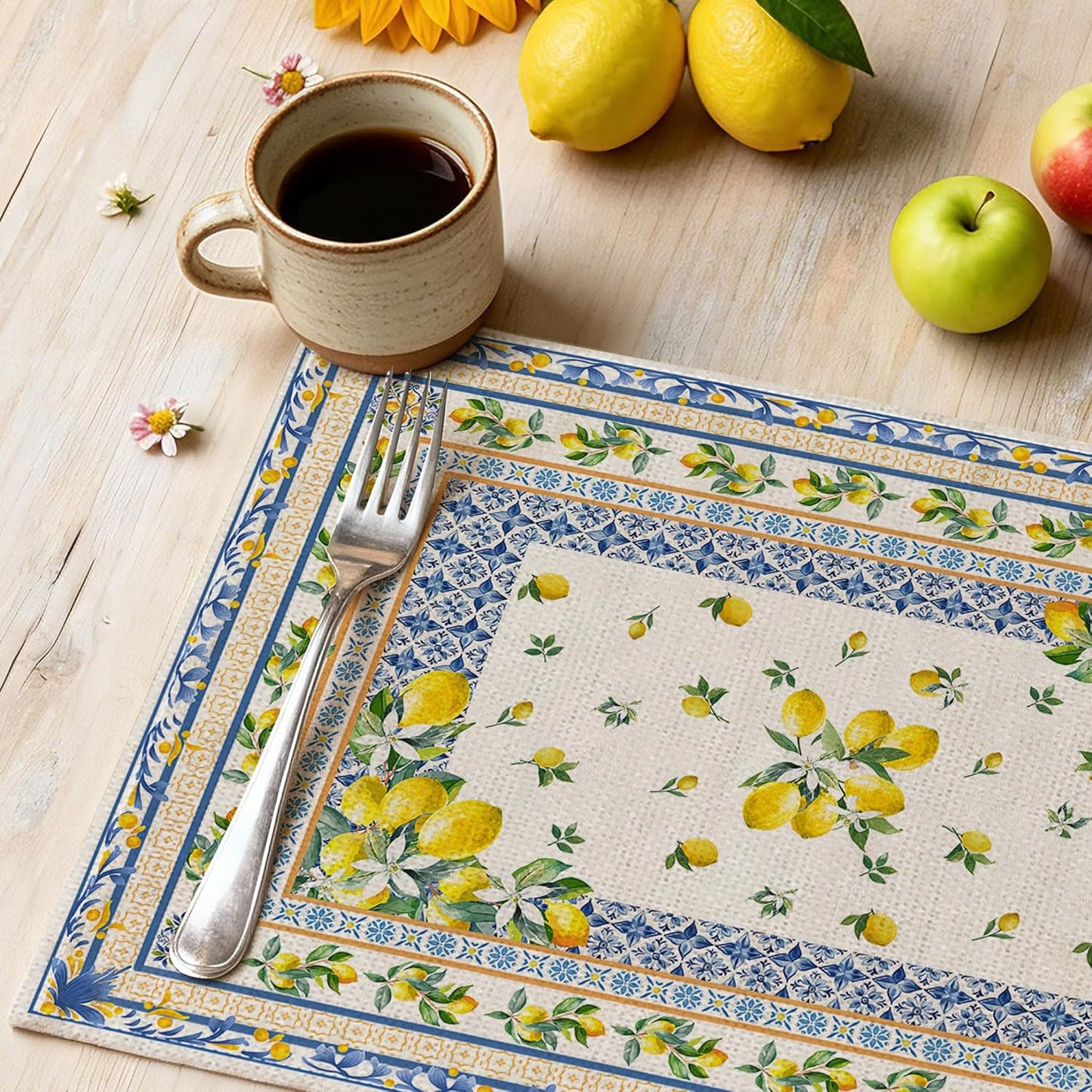 Lemon Place Mats Set of 4 12x18 inch for Dinning Table | Mediterranean Spring Table Decor - Farmhouse Seasonal Table Mats Lemon Party Decorations