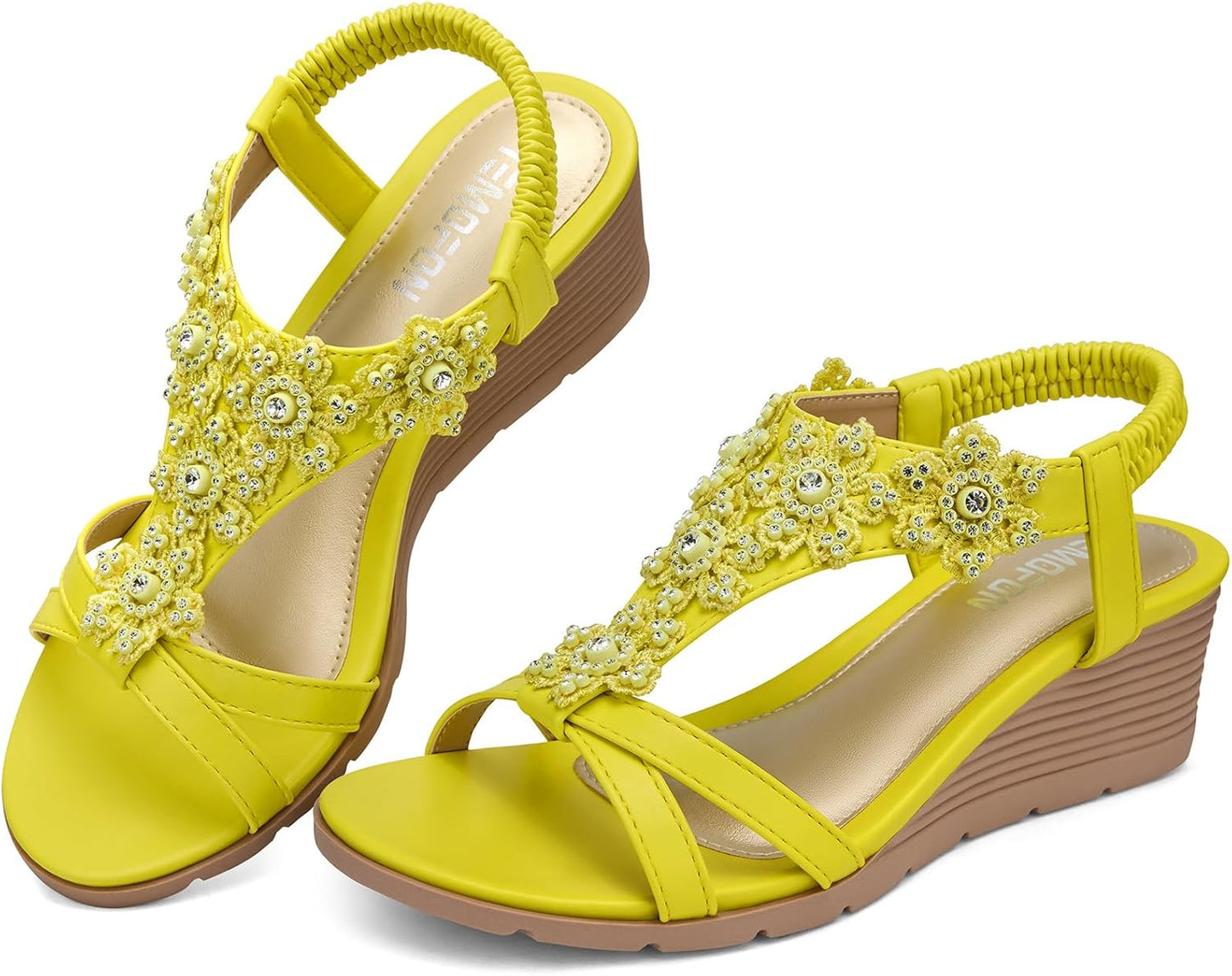 Women's Low Wedge Heels Summer Dressy Platform Sandals | Elastic Ankle Strap, Open Toe Flower Shoes for Wedding, Comfortable Cushioned for Casual Wear