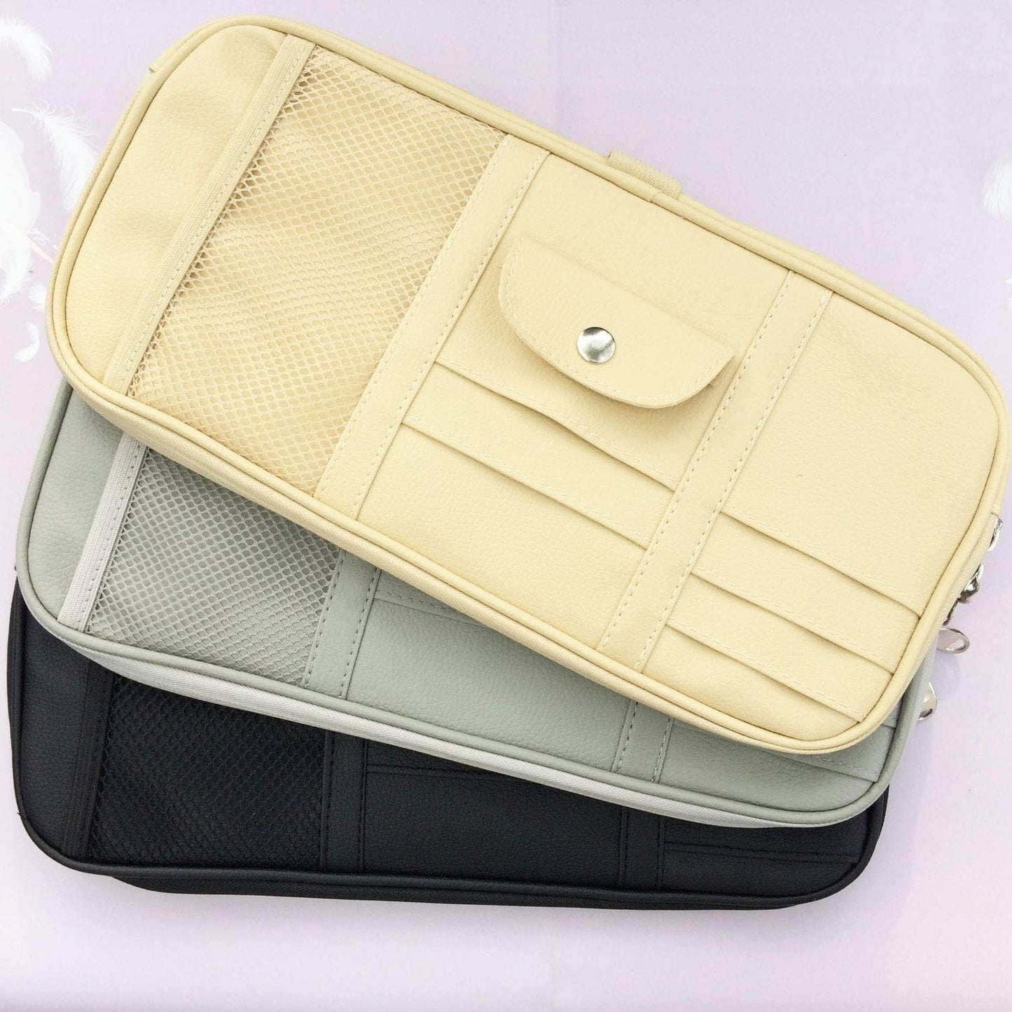 Car Sun Visor Organizer, Multi-Pocket Visor Organizer Storage Pouch for Cars, SUVs & Trucks with Double Zippers, Elastic Bands & Glasses Clip- Organizes Essentials Keep Tidy (Beige Light Yellow)