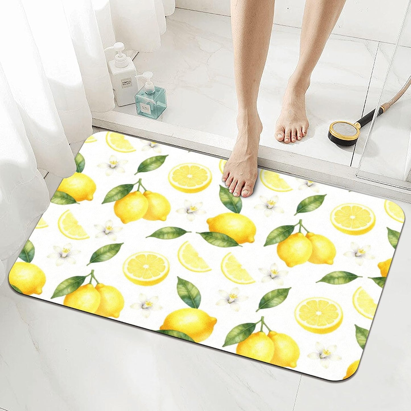 Lemon Bath Mat,Summer Fresh Fruit & Flower Bathroom Floor Mat, Absorbent Quick Dry Soft Flannel Bath Mat for Bathroom Kitchen-24x36 Inch