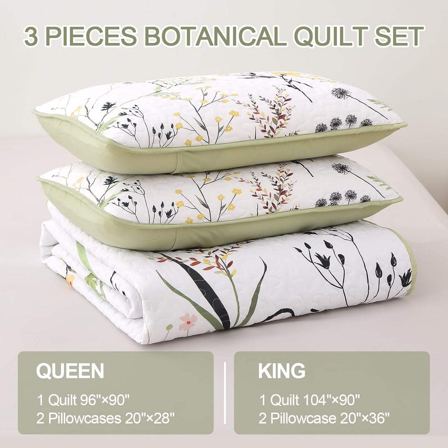 Sage Green Floral Quilt Set King Size, Yellow White Botanical Flower Quilt 3 Pieces Spring Bedspread Coverlet Set, Soft Lightweight Microfiber Bedding Set for All Season, 104"x90"
