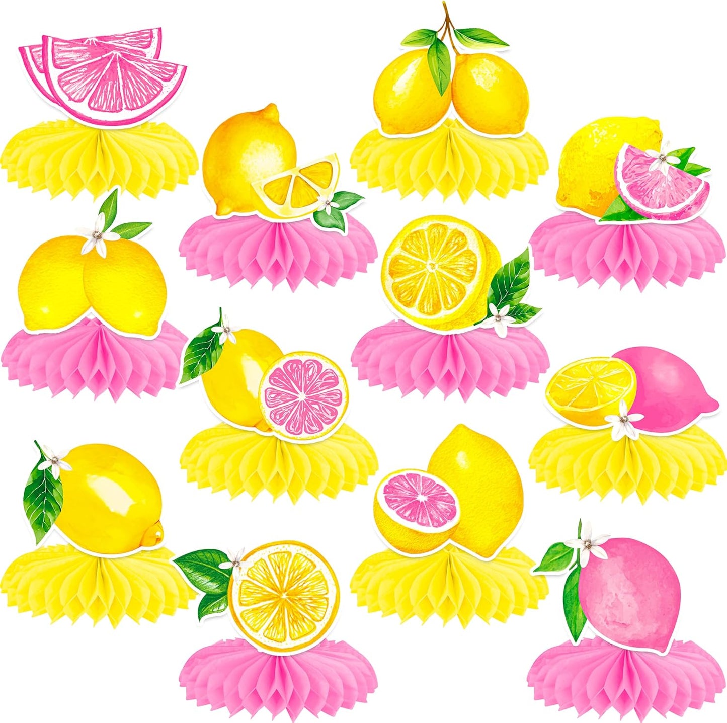 12Pcs Lemon Honeycomb Centerpieces Pink Lemon Table Toppers, Summer Citrus Fruit Themed Party Decorations for Birthday Baby Shower Pool Party Bridal Shower Wedding Table Decor