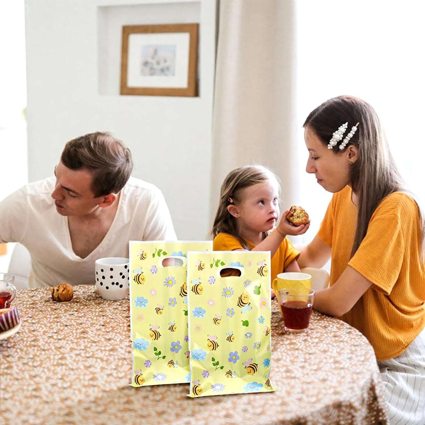 50PCS Bee Party Favors Bags with Handles Plastic Waterproof Goodie Bag Yellow Floral Gift Bags Candy Treat Gift Wrapping for Bee Themed Birthday Party Decoration Supplies