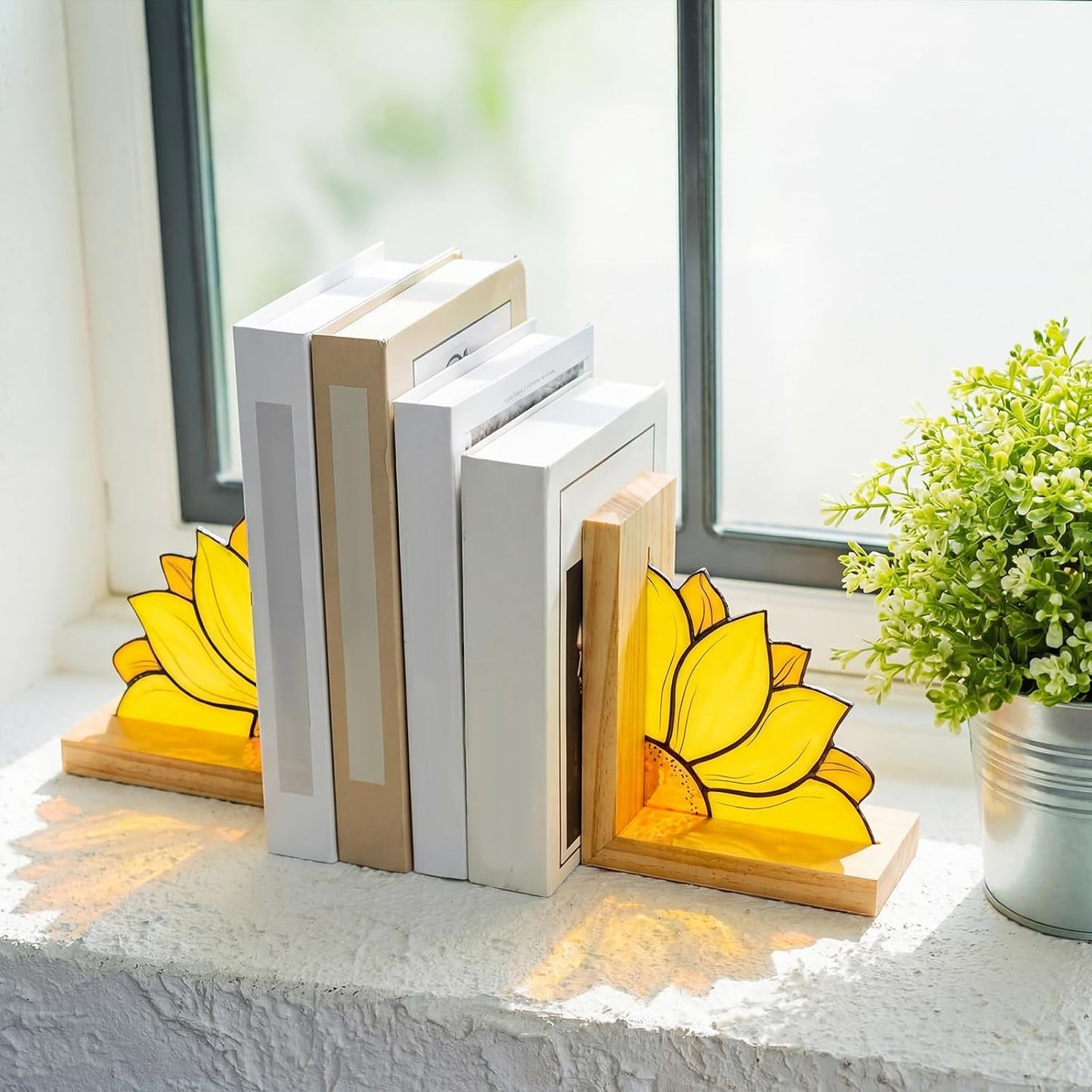 Sunflower Bookends with Oak Wood Base Stained Glass Novelty Bookends Organizer Cute Book Ends for Shelves Desks Libraries Book Lover Gift (Yellow)